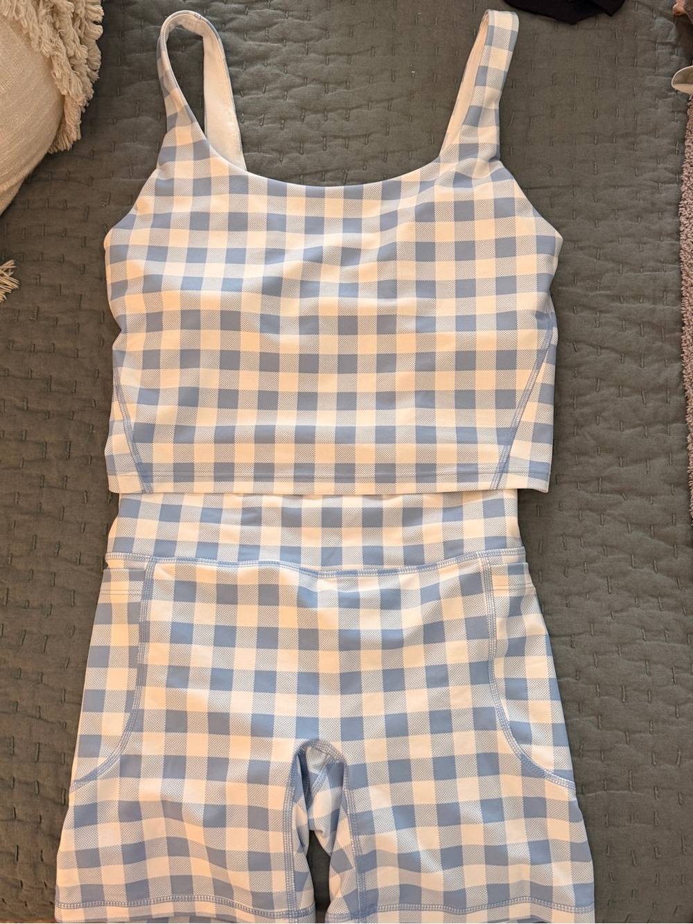 OLD NAVY Blue & White Gingham Active Set - Crop Tank & High-Waist Bikers